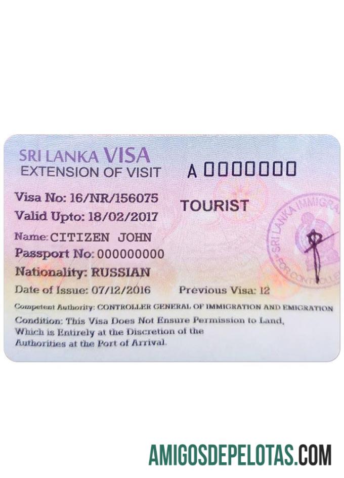 Visto de turista para SRI LANKA modelo